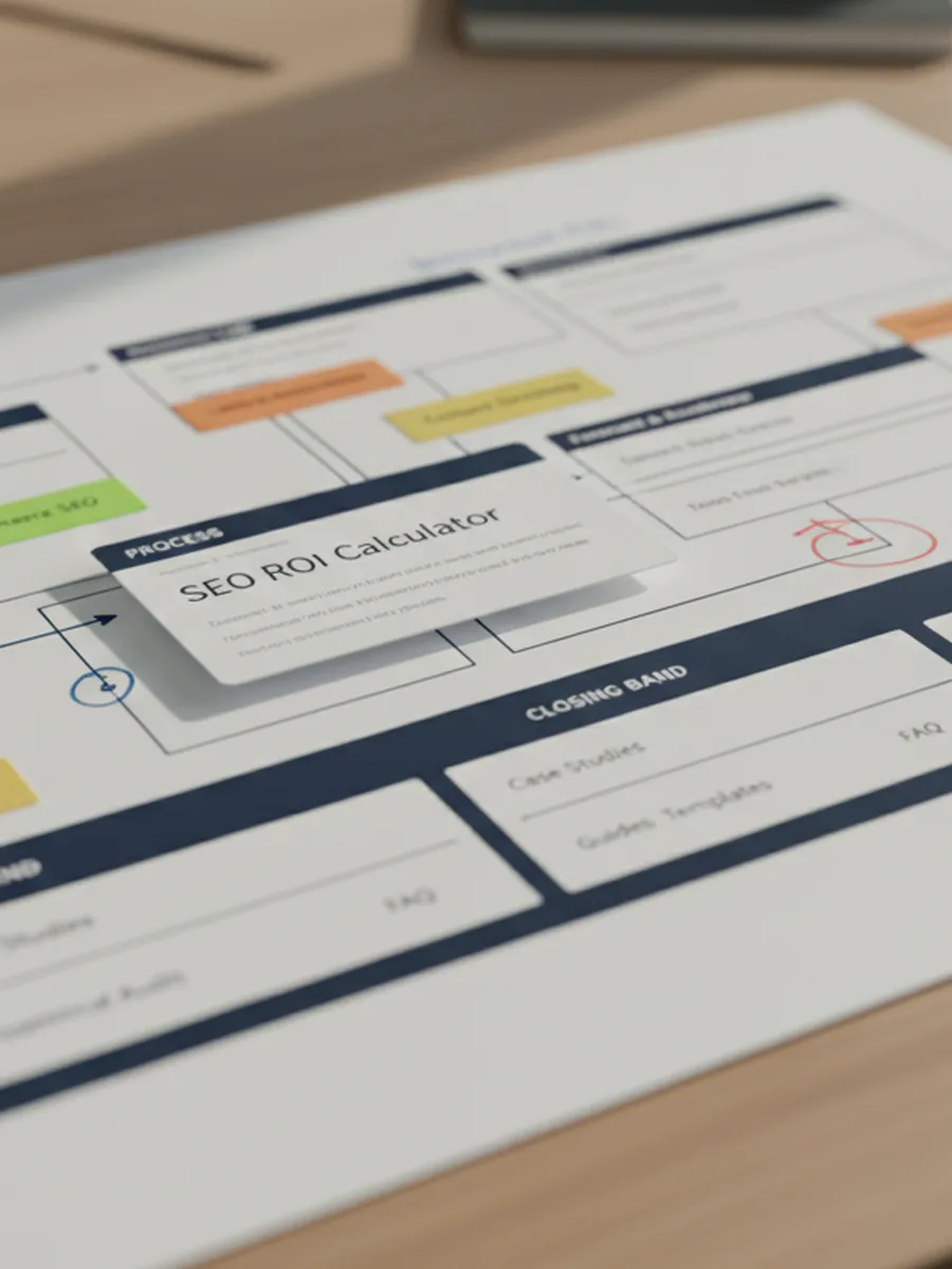 Printed site structure map annotated during a technical SEO audit
