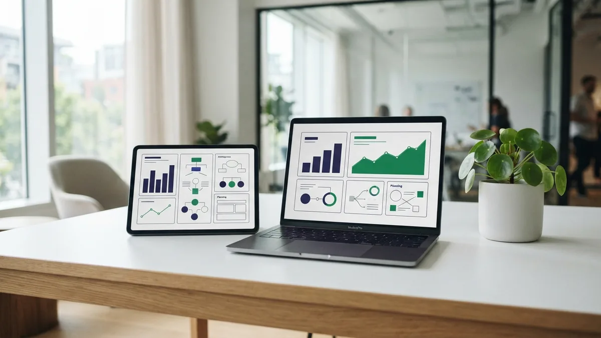 Keeping website speed ready for future search Laptop and tablet showing stable abstract web page layouts for future site growth