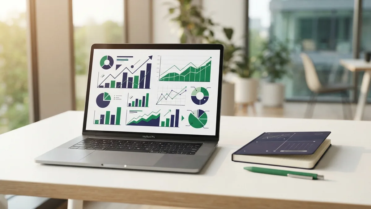 Reviewing website search performance Website charts beside a notebook illustrate how SEO tools track search performance