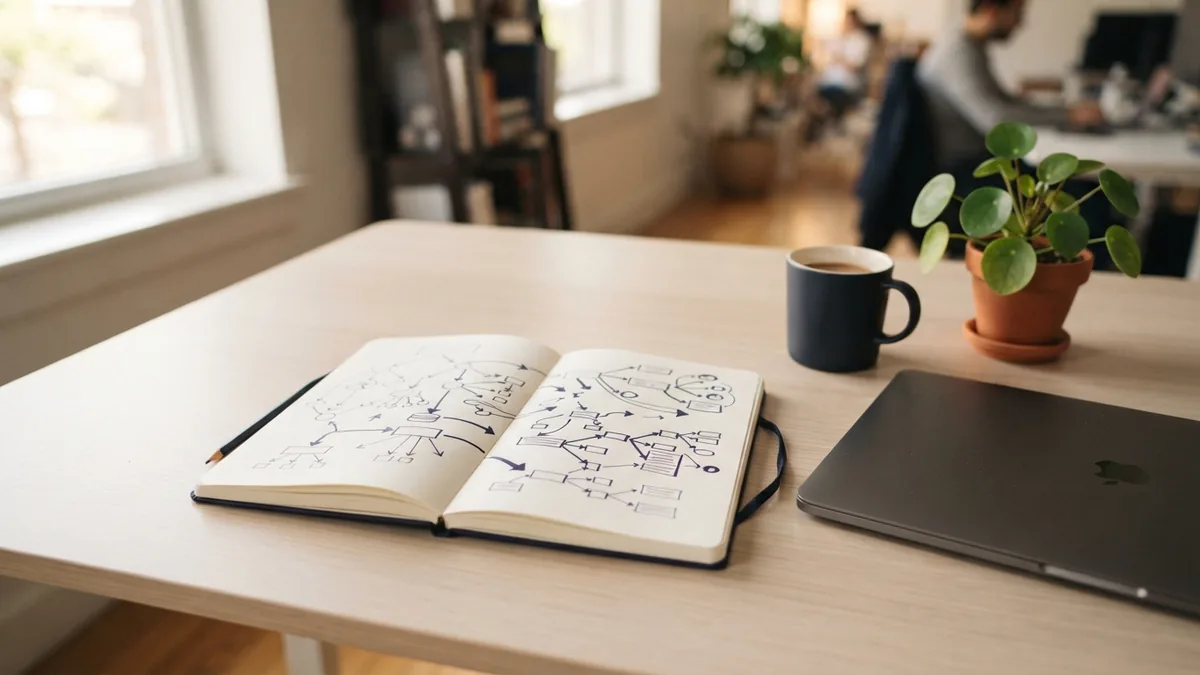 A research desk with a notebook and laptop suggests finding focused SEO search terms