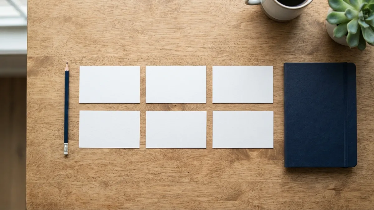 Blank planning cards and a notebook represent shaping content around search intent