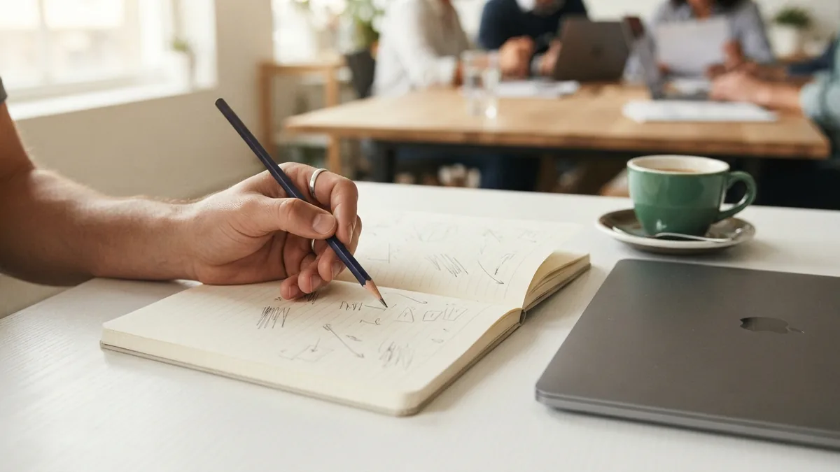 A writer drafts and reviews concise descriptions at a desk
